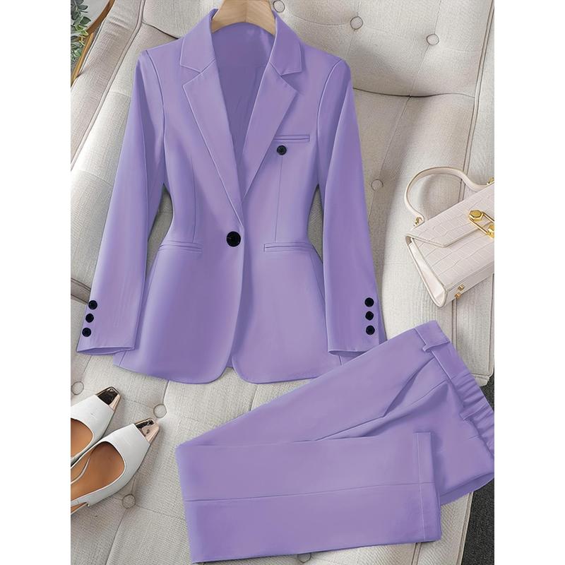 Long Sleeve Solid Color Elegant Suit Set, Slim Blazer & Straight Leg Pants, Women's Clothing