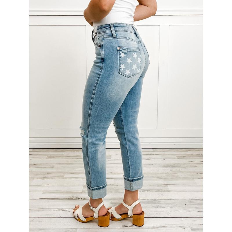 Judy Blue Mid Rise Americana Flag Cuff Denim Jeans