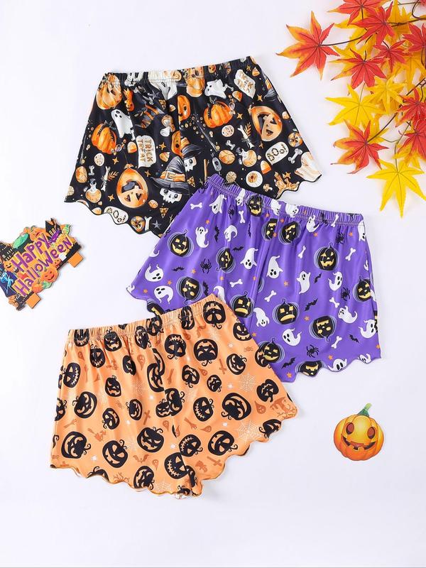  Back To School Moon cow alien Print Bow Decor Lettuce Trim Sleep Shorts, Halloween Pajamas, Casual Comfy Halloween Themed Elastic Waist Sleep Bottoms for Women, Halloween Pajamas, Women's Sleepwear for Fall