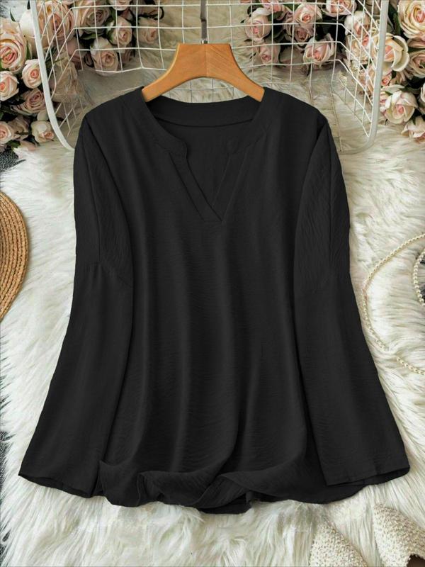 Women's Plain Notched Neck Drop Shoulder Blouse, Casual Long Sleeve Top for Spring & Fall, Women's Clothing for Daily Wear