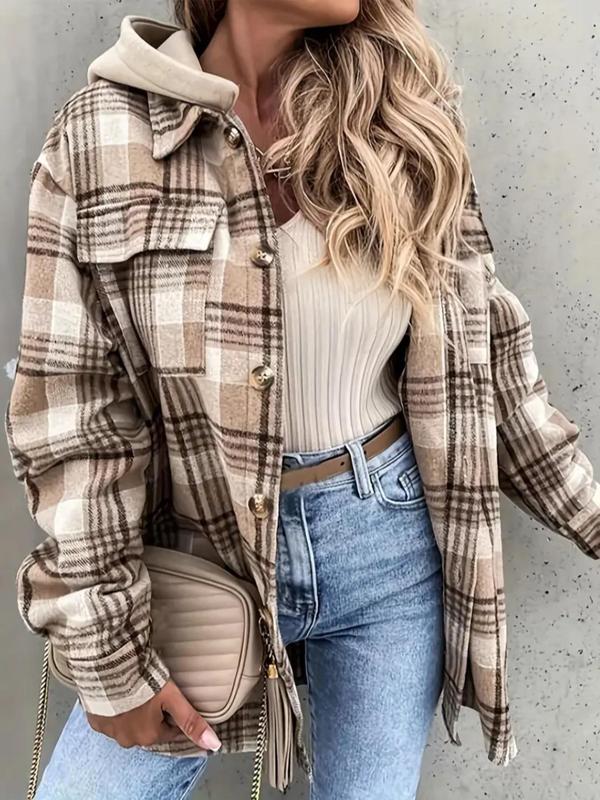 Women's Plaid Print Button Front Detachable Hooded Shirt Jacket, Casual Drop Shoulder Long Sleeve Flap Pocket Jacket for Fall & Winter, Women's Clothing for Daily Wear