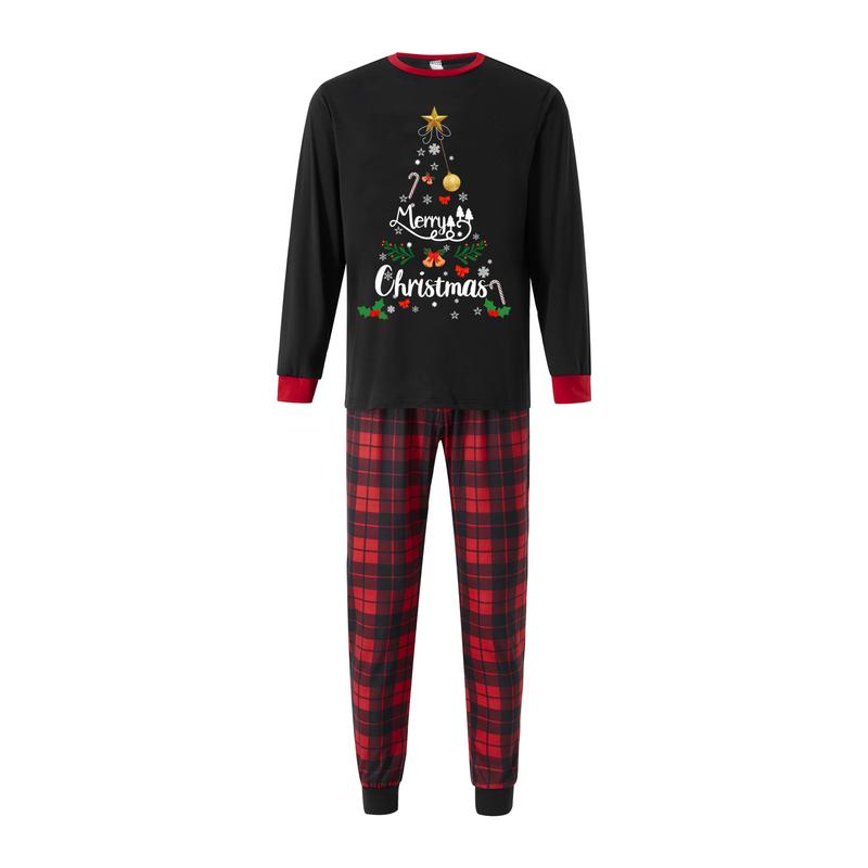 Matching Christmas Pajamas For Family, Letter & Snowflake Print Long-Sleeved Tops + Plaid Trousers Sleepwear Outfits Womenswear