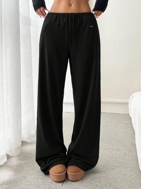 Women's Solid Drawstring Waist Fleece Sweatpants, Casual Comfy Midi Pants for Daily Wear, Ladies Fall & Winter Trousers