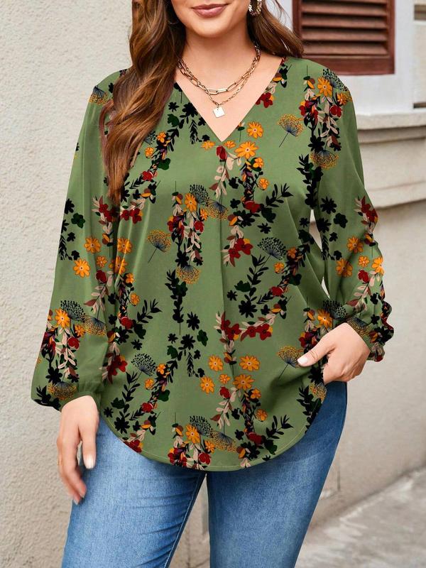  Floral Print Plicated Lantern Sleeve Blouse, Casual V Neck Long Sleeve Top for Spring & Fall, Women's Clothes for Daily Wear