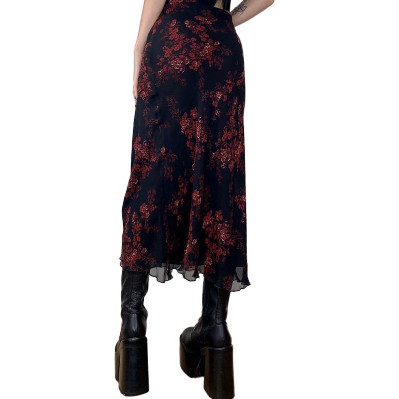 Women Long Skirt, Vintage Elegant Flower Summer Fall Skirt for Casual Daily Dating Navy Womenswear Bottom Light