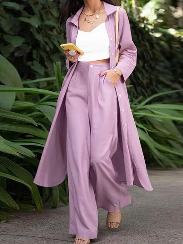 Two-Piece Set Women's Solid Color Lapel Neck Button Front Blazer & Wide Leg Pants, Casual Long Sleeve Outerwear & Pocket Trousers for Work Office Business, Ladies Fall & Winter Clothes