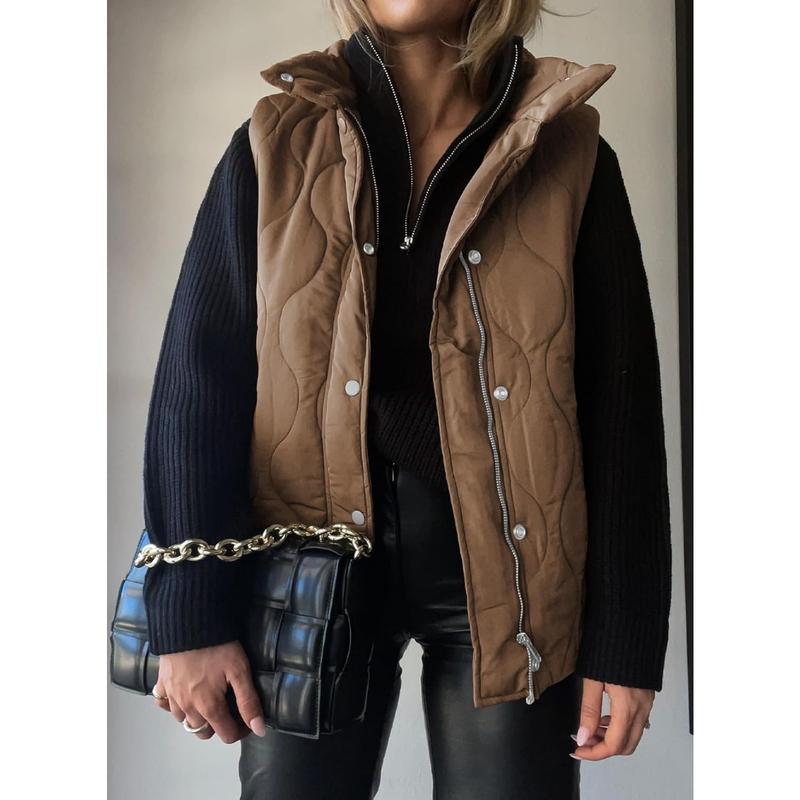 Women's Lightweight Quilted Standing Collar Sleeveless Jacket Autumn and Winter New Zipper Warm Vest Cotton Jacket Coat  Autumn Button Zipper Warm Jacket Outerwear