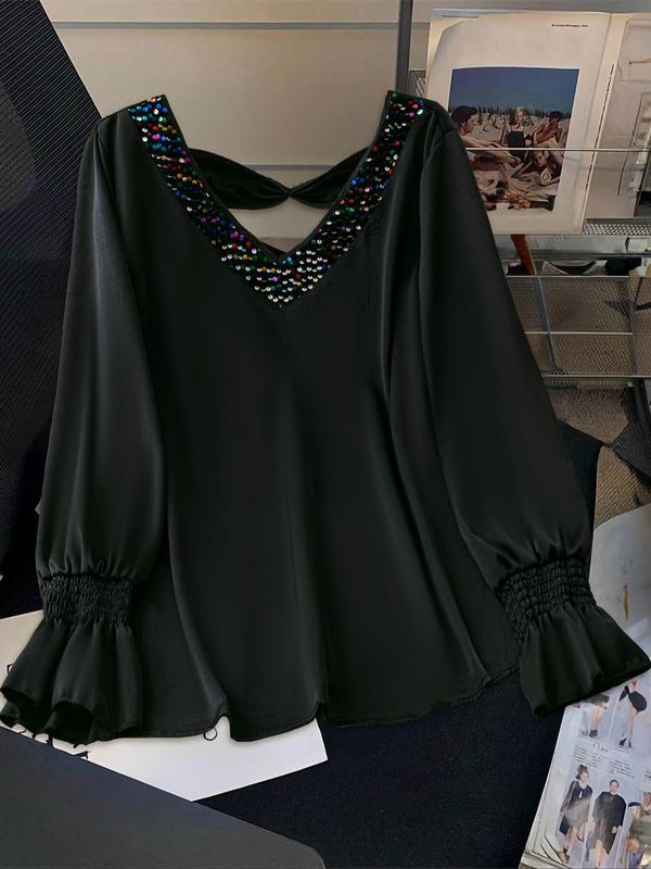  Contrast Sequin Cut Out Blouse, Elegant V Neck Flounce Sleeve Top for Party Holiday, Women's Clothes for Fall & Winter