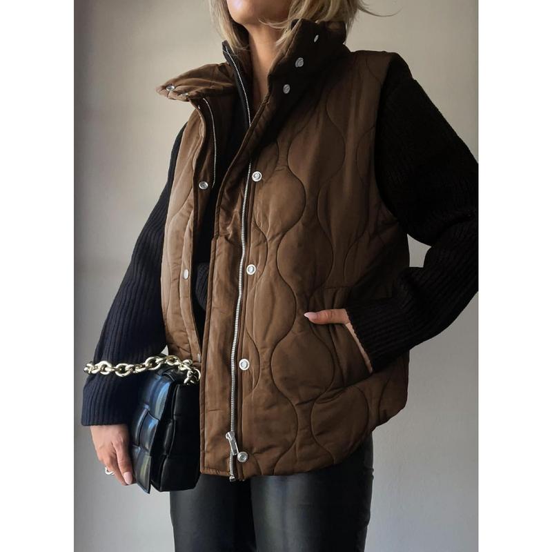 Women's Lightweight Quilted Standing Collar Sleeveless Jacket Autumn and Winter New Zipper Warm Vest Cotton Jacket Coat  Autumn Button Zipper Warm Jacket Outerwear