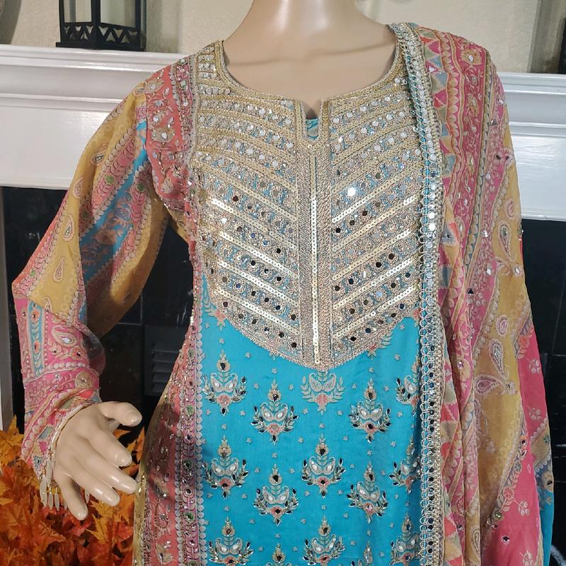 Creepe Silk Kameez, Gharara, Chinnon Silk Dupatta with Mirror Work, Stone Work, Pearl and Sequences for Women's Formal Dress - Womenswear