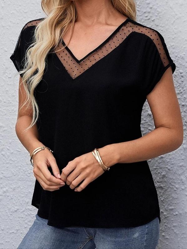 Women's Polka Dot Patchwork Print Contrast Mesh Sheer Batwing Sleeve Blouse, Casual V Neck Short Sleeve Top for Summer, Ladies Clothes for Daily Wear