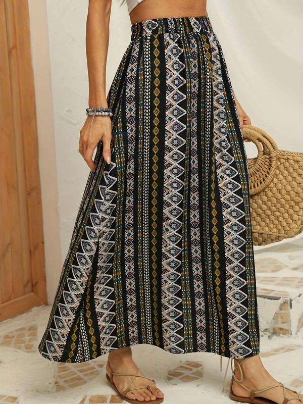 Women's Ethnic Pattern Elastic Waist A Line Skirt, Boho Fashion Casual High Waist Long Skirt for Daily Holiday Vacation Wear, Ladies Bottoms for All Seasons