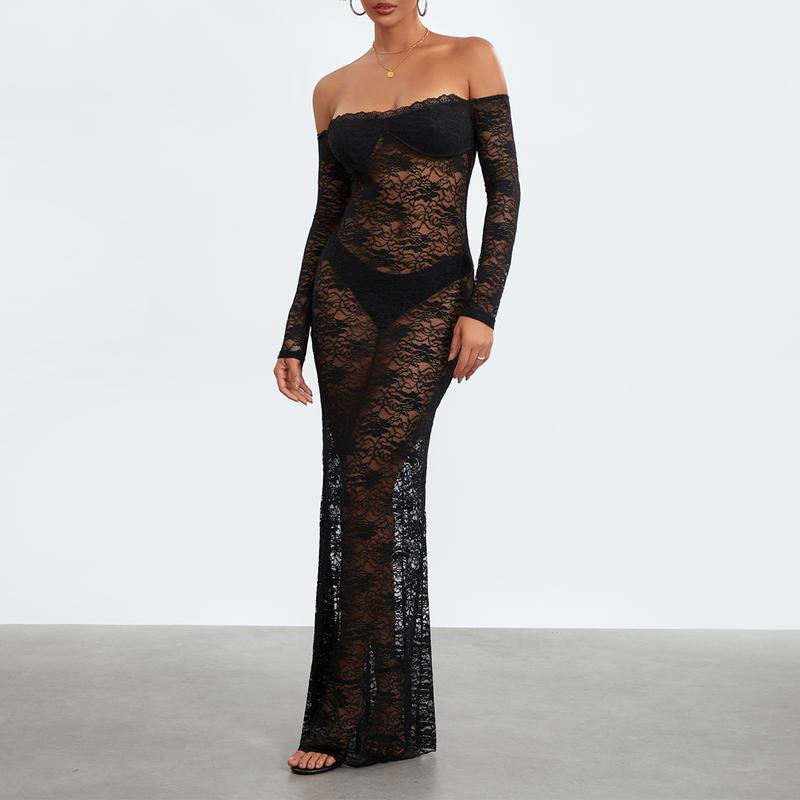 Women Y2k Sexy Sheer Lace Maxi Dress Long Sleeve Off Shoulder Mesh See Through Long Dress Bodycon Party Club Dress