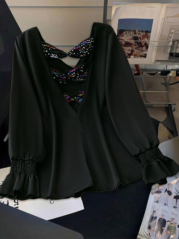  Contrast Sequin Cut Out Blouse, Elegant V Neck Flounce Sleeve Top for Party Holiday, Women's Clothes for Fall & Winter