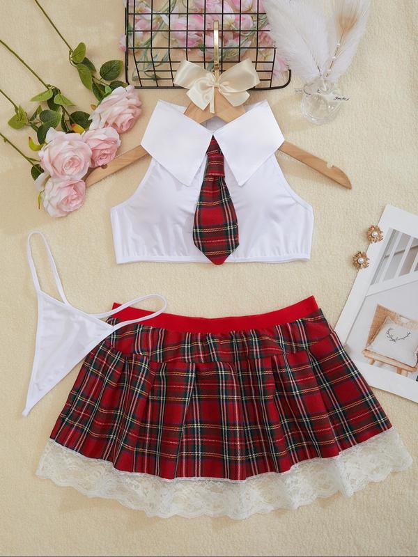 Women's Tie Decor Crop Blouse & Plaid Print Contrast Lace Skirt & Panty Set, Romantic Sexy Lace Trim Lingeries Set, Women Sexy Lingeries