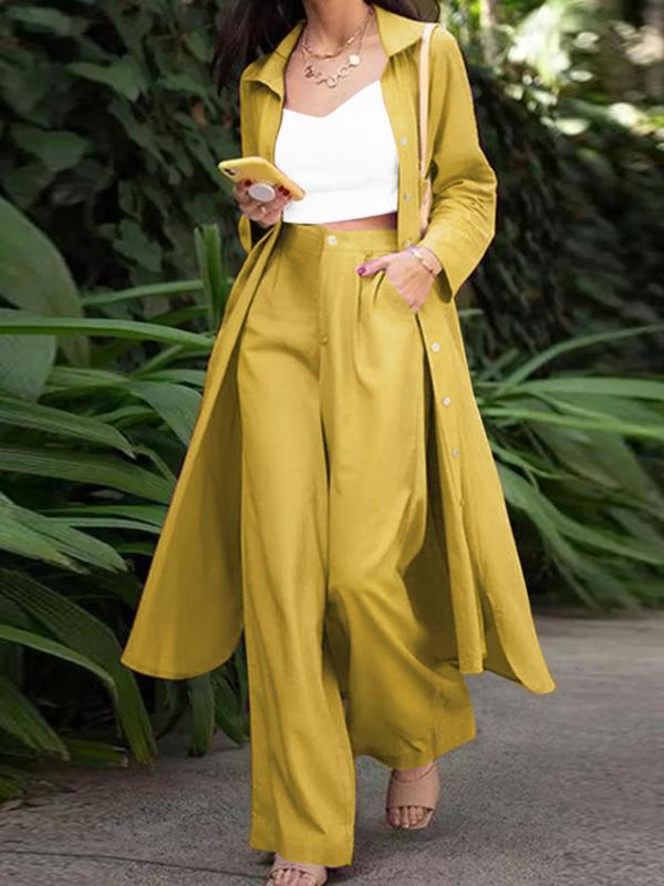 Two-Piece Set Women's Solid Color Lapel Neck Button Front Blazer & Wide Leg Pants, Casual Long Sleeve Outerwear & Pocket Trousers for Work Office Business, Ladies Fall & Winter Clothes