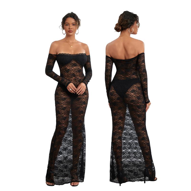 Women Y2k Sexy Sheer Lace Maxi Dress Long Sleeve Off Shoulder Mesh See Through Long Dress Bodycon Party Club Dress