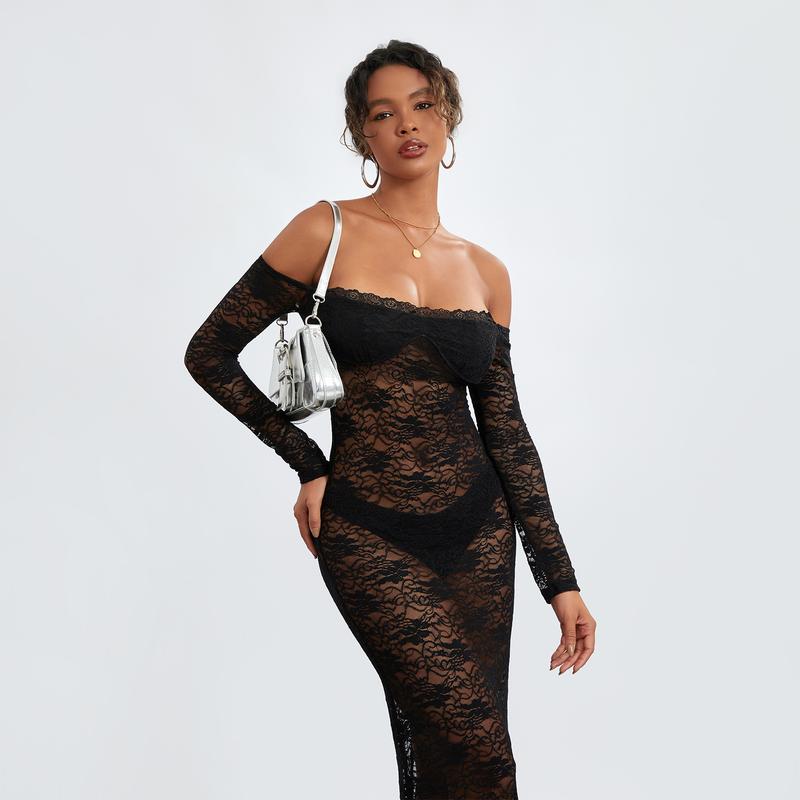 Women Y2k Sexy Sheer Lace Maxi Dress Long Sleeve Off Shoulder Mesh See Through Long Dress Bodycon Party Club Dress