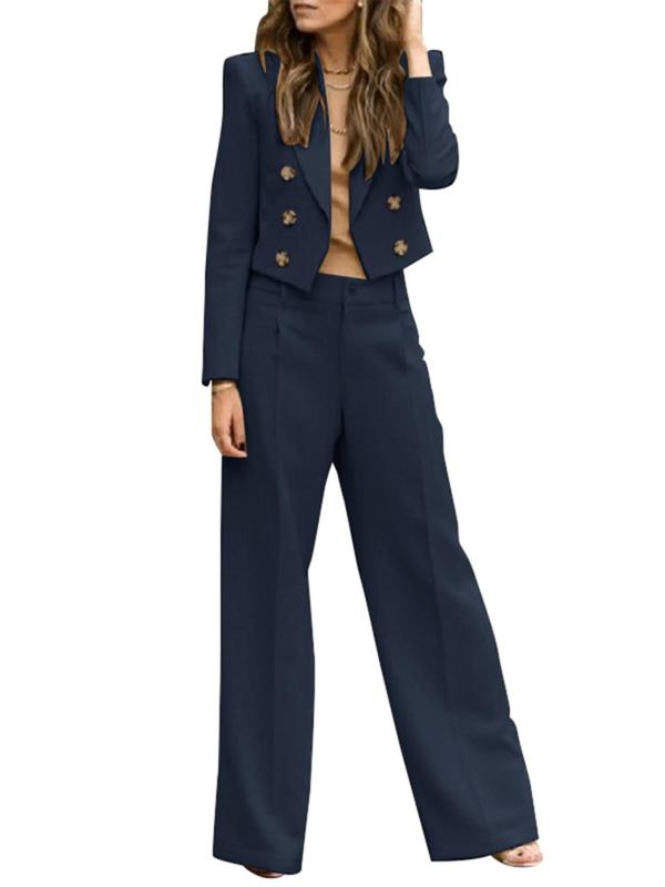 Two-Piece Set Women's Solid Double Button Lapel Blazer & Wide Leg Pants, Elegant Fashion Casual Outfits for Work Office Business, Ladies Fall & Winter Clothes