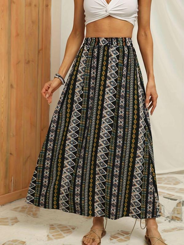 Women's Ethnic Pattern Elastic Waist A Line Skirt, Boho Fashion Casual High Waist Long Skirt for Daily Holiday Vacation Wear, Ladies Bottoms for All Seasons