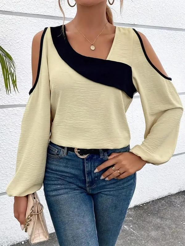 Women's Colorblock Cut Out Asymmetrical Neck Blouse, Elegant Bishop Sleeve Top for Spring & Fall, Ladies Clothes for Daily Wear