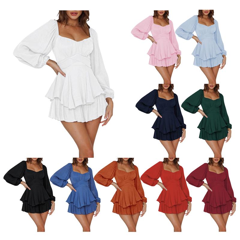 Women's Loose Shorts Jumpsuit, Solid Color Lantern Long Sleeve Square Neck Ruched Ruffled Playsuit, Ladies Summer Casual Rompers, Women's Daily Wear, Women's Clothing