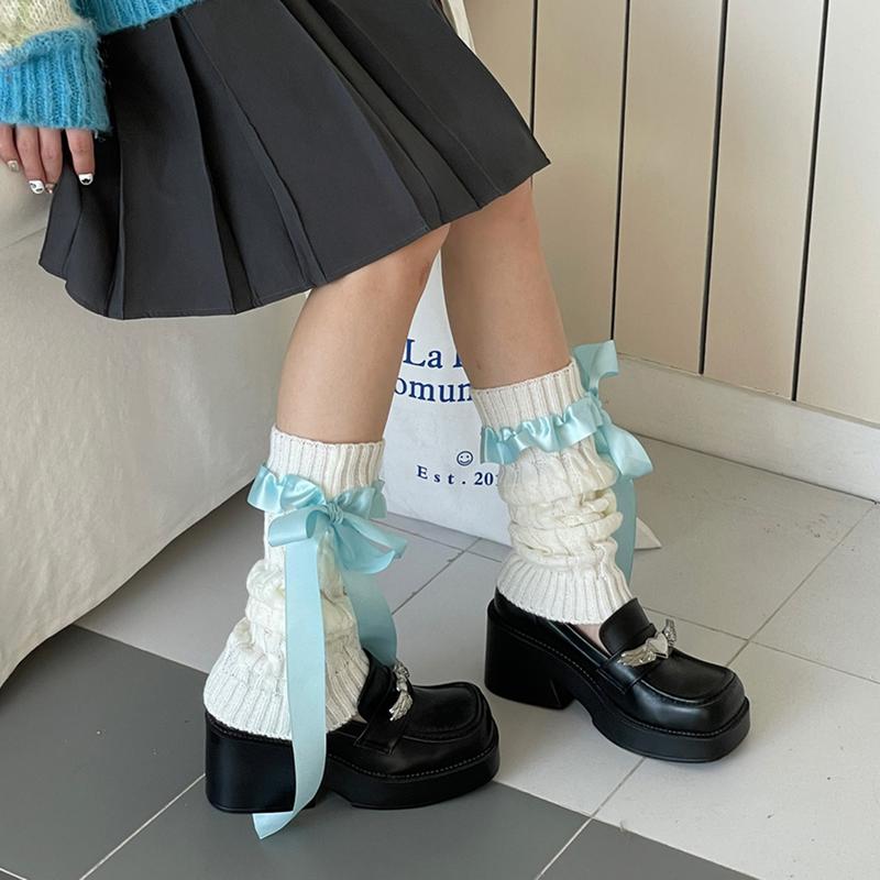 Women Knit Leg Warmer, Sweet Bow Calf Cover Boot Socks Streetwear for Daily Party