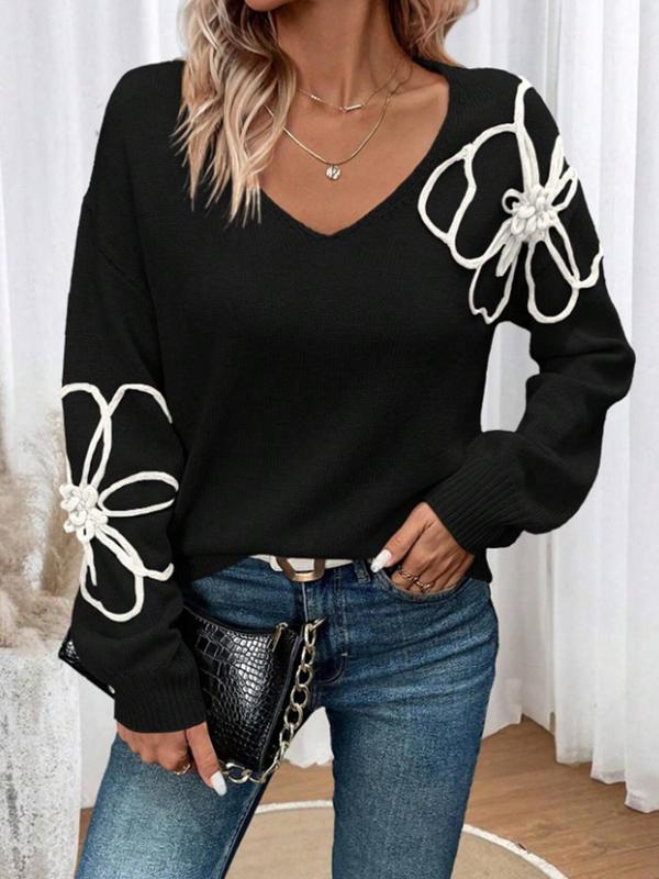 Women's Floral Design Drop Shoulder Sweater, Casual Long Sleeve V Neck Jumper for Fall & Winter, Fashion Ladies' Knitwear for Daily Wear