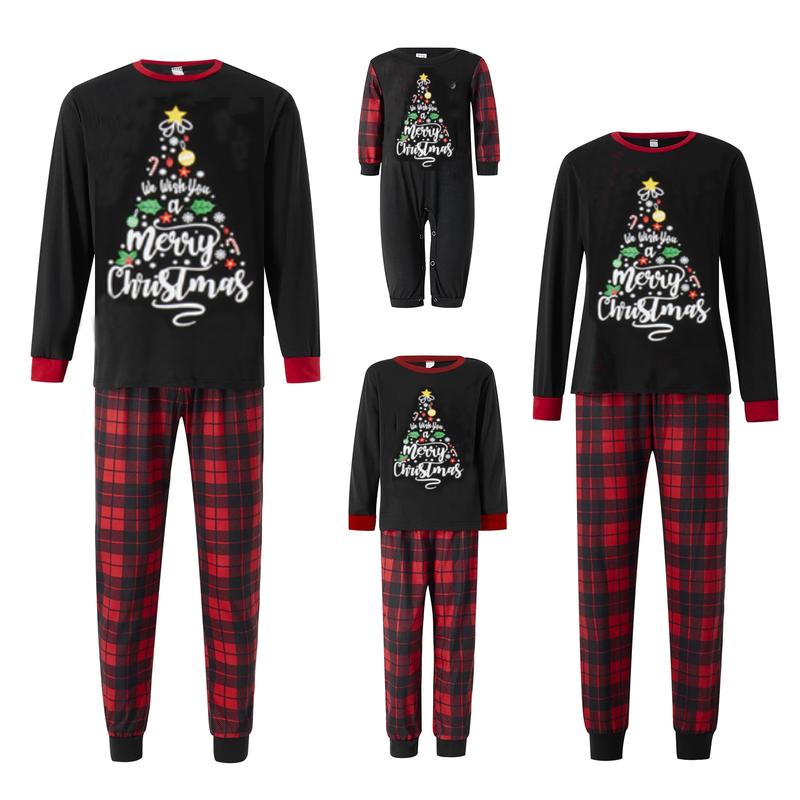 Christmas Family Matching Pajamas Letter Print Long Sleeve Tops and Plaid Pants for Loungewear Soft Sleepwear