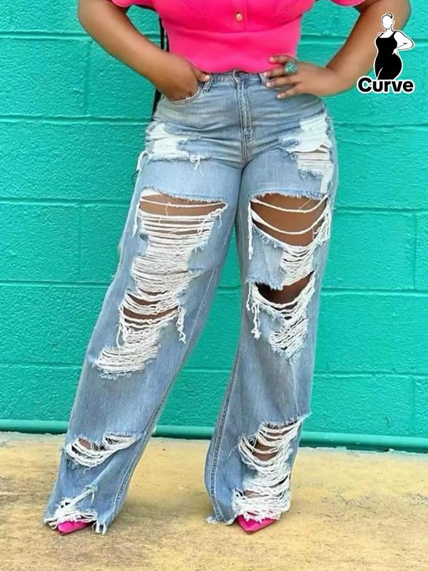  Solid Ripped Button Straight Leg Jeans, Fashion Casual Pocket Raw Hem Denim Trousers for Daily Outdoor Wear, Women's Bottoms for Fall & Winter