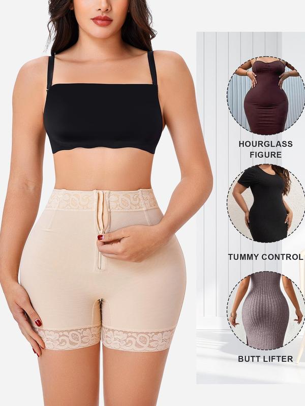 Women's Zipper Front Contrast Lace High Waist Shapewear Shorts, Tummy Control Butt Lifting Shaper, High Stretch Shapewear Bottoms for Daily Wear