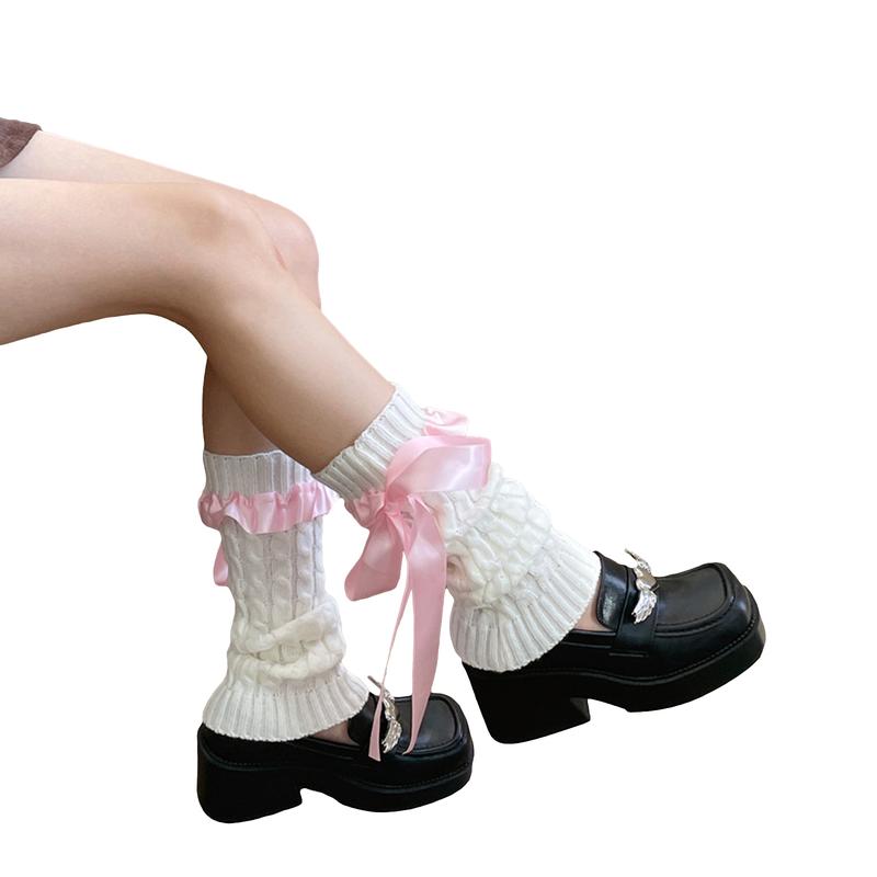 Women Knit Leg Warmer, Sweet Bow Calf Cover Boot Socks Streetwear for Daily Party