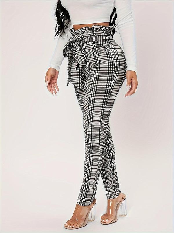 Women's Plaid Print Belted Paper Bag Waist Skinny Pants, Casual Comfy High Waist Trousers for Daily Wear, Ladies Bottoms for Fall & Winter