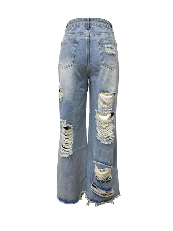  Solid Ripped Button Straight Leg Jeans, Fashion Casual Pocket Raw Hem Denim Trousers for Daily Outdoor Wear, Women's Bottoms for Fall & Winter