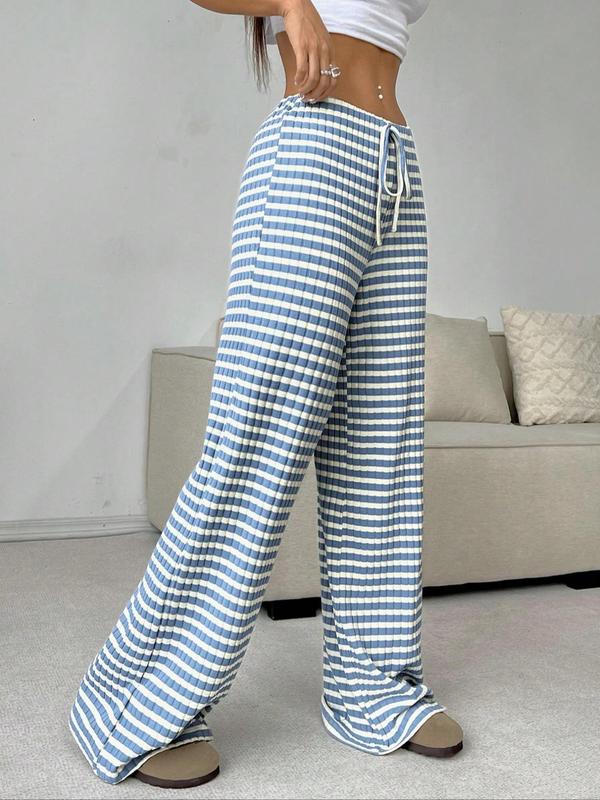 Women's Striped Print Drawstring Waist Straight Leg Pants, Casual Comfy Drop Waist Trousers for Daily Wear, Ladies Bottoms for All Seasons