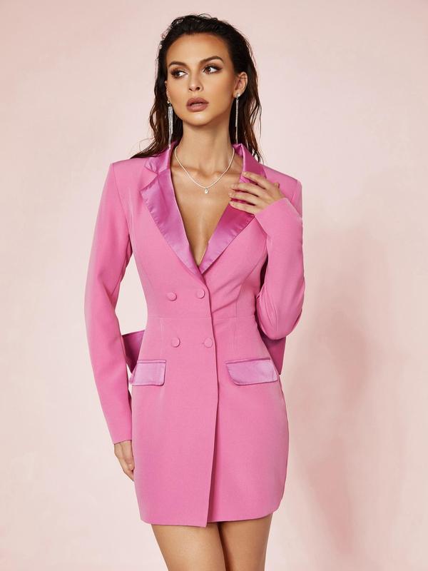 Women's Double Button Big Bow Blazer Dress, Elegant Long Sleeve Lapel Neckline Mini Bodycon Evening Party Formal Dress, Ladies Clothes