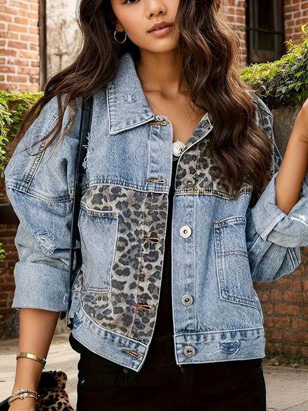 Women's Long Sleeved Denim Jacket - Washed Blue, Worn, Leopard Print Patchwork, Short, Casual, Fashionable, and Stylish Outerwear for Women