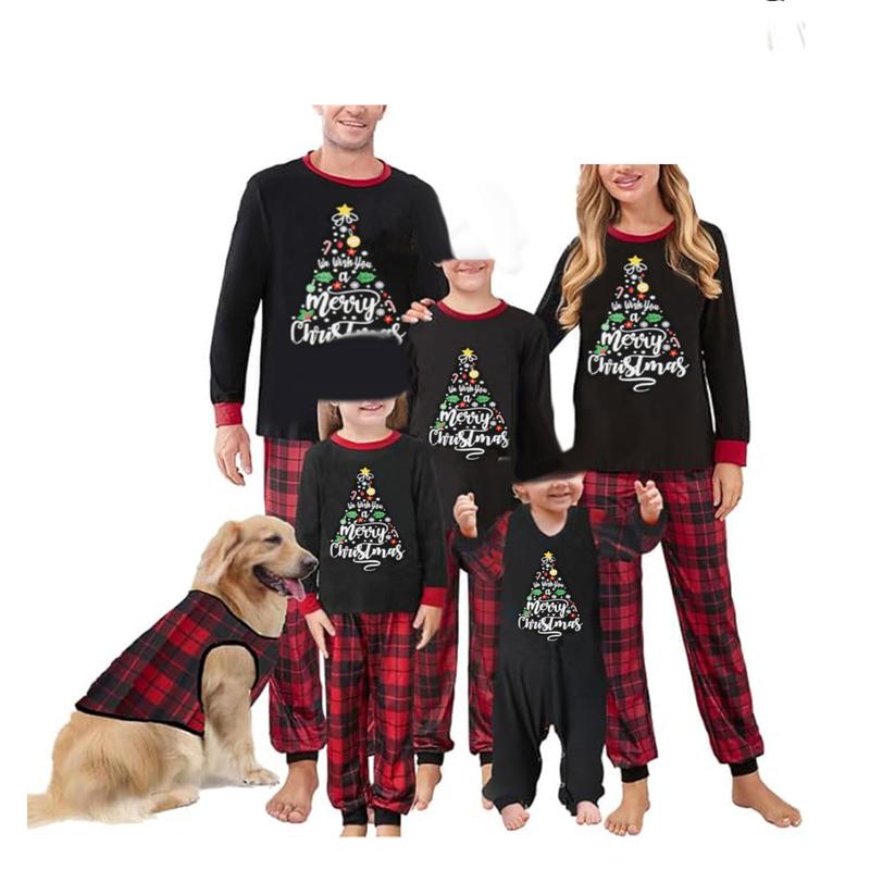 Christmas Family Matching Pajamas Letter Print Long Sleeve Tops and Plaid Pants for Loungewear Soft Sleepwear