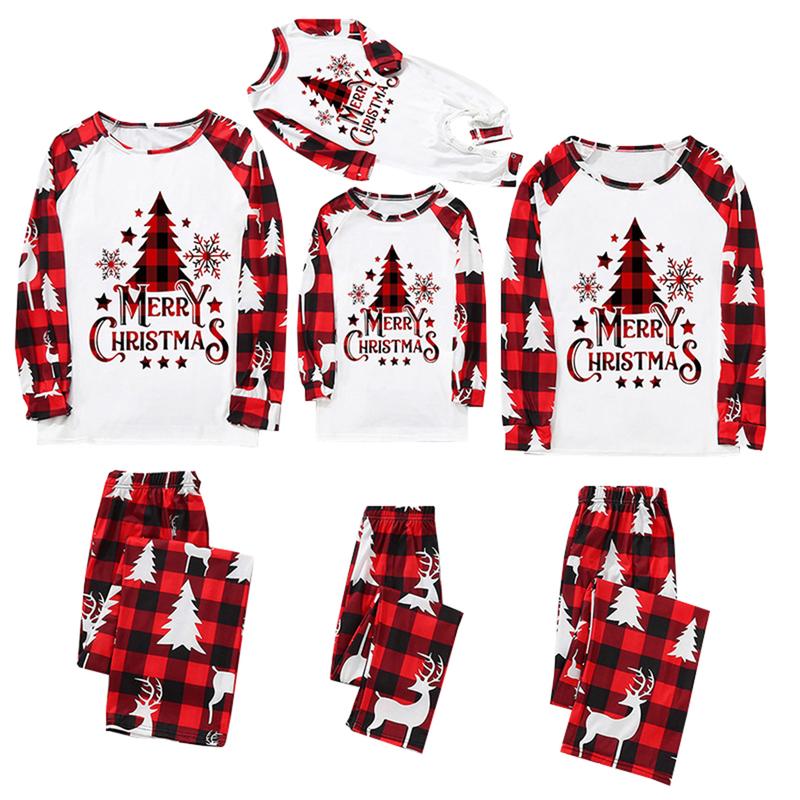 Matching Pajamas For Family, Long Sleeve Round Neck Tree Print Tops+ Trousers Suit  Infants Romper