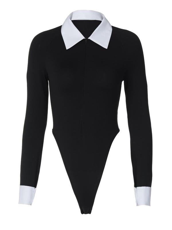 Women's Colorblock Collar Neck Zipper Bodysuit, Casual Long Sleeve Bodysuit for Spring & Fall, Women's Clothes for Daily Wear