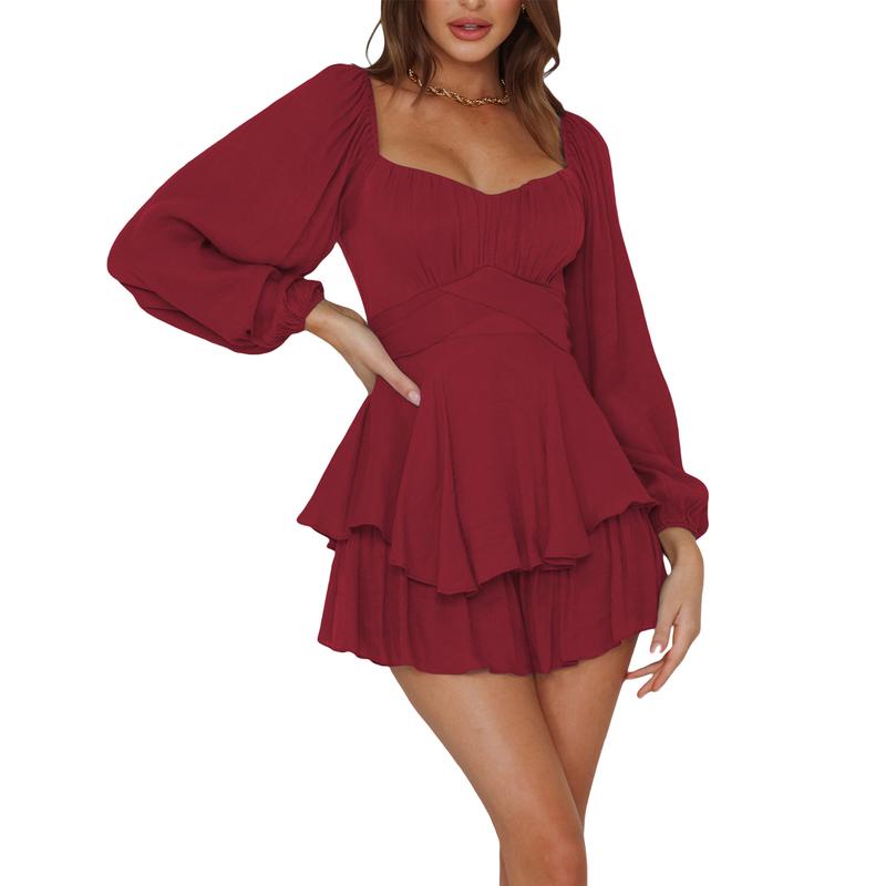 Women's Loose Shorts Jumpsuit, Solid Color Lantern Long Sleeve Square Neck Ruched Ruffled Playsuit, Ladies Summer Casual Rompers, Women's Daily Wear, Women's Clothing