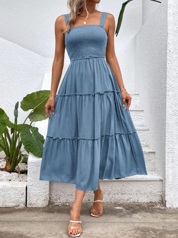 Women's Ruffle Hem Shirred Vintage Cami Dress, Bohemian Comfort Mufti Clothes, Frill Trim Backless Dress, Capri Sun Dress , Dresses for Women, Lady Back To School Clothing for Beach Holiday Casual Wear