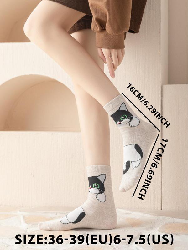 Women's Colorblock & Cat Print Mid-calf Sock, Casual Moisture Wicking Sock, Soft Comfy Breathable Sock for All Seasons Daily Wear