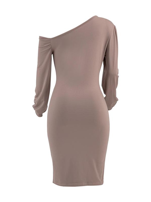 Women's Plain Ruched Asymmetrical Neck Bodycon Dress, Elegant Long Sleeve Short Dress for Party Dating Wear, Women's Clothing for Spring & Fall