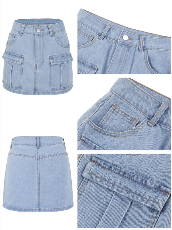 Women's Pocket Button Denim Skirt, Casual High Waist Mini Skirt, Ladies Bottoms for Daily Wear, Skirt for Women, Back To School Outfits, Denim Skirts for Women, Summer Outfits 2024