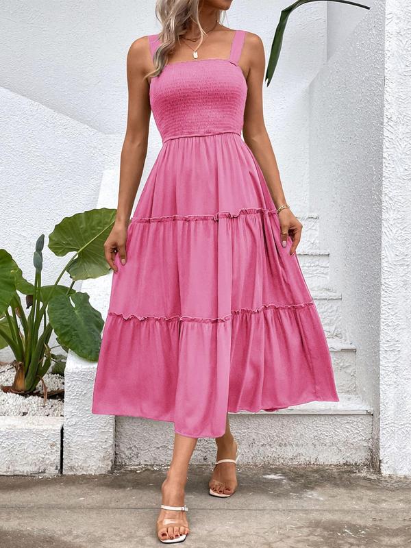 Women's Ruffle Hem Shirred Vintage Cami Dress, Bohemian Comfort Mufti Clothes, Frill Trim Backless Dress, Capri Sun Dress , Dresses for Women, Lady Back To School Clothing for Beach Holiday Casual Wear