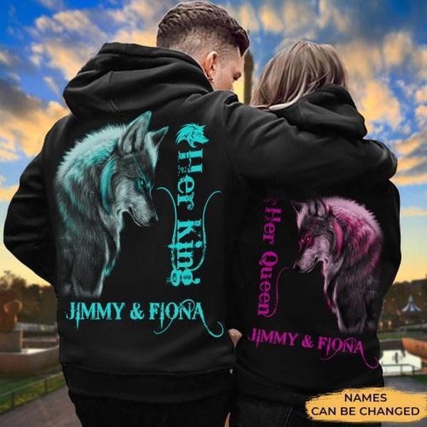 Personalized Matching Couple Wolf Hoodies, Her King His Queen, Wolf Matching Couple, Just Married Shirts, Gift For Couples, Custom Name Couple Hoodie, Gift For Couple, Loving