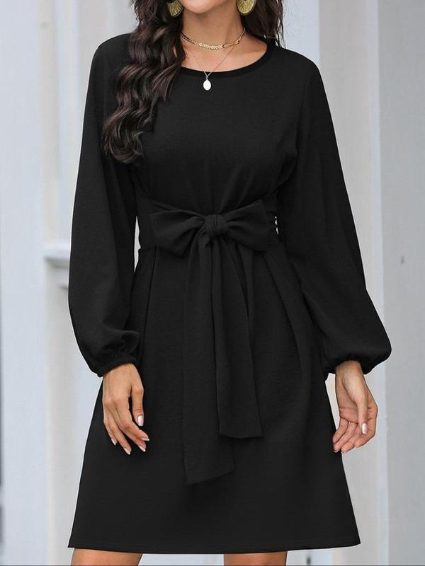 Women's Plain Bishop Sleeve Tie Front A Line Dress, Elegant Long Sleeve Round Neck Short Dress for Daily Outdoor Wear, Ladies Clothes for All Seasons