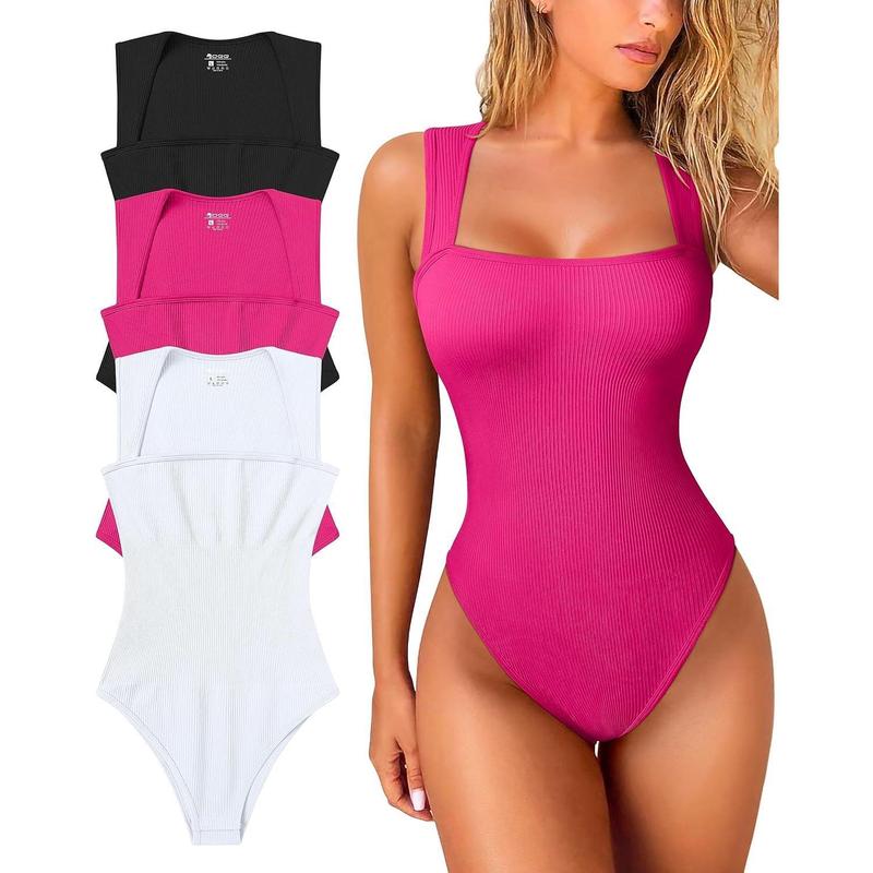 Women's 3 Piece Bodysuits Sexy Ribbed Strappy Square Neck Sleeveless Tummy Control Tank Tops Bodysuits