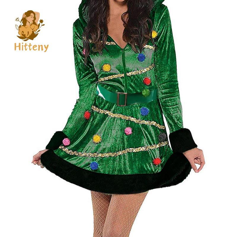 Women Christmas Tree Dress, Adult Hooded Sequin Fancy Costume with Belt, Pom-pom